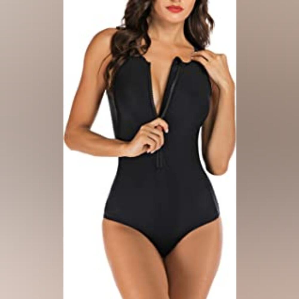 Black New Swimsuit Rash Guard Zip Front One Piece Swim Suit Gift Women's Size M